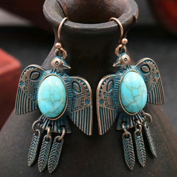 Western Aztec Bronze Tone Bird Dangle Feather Earrings with Faux Turquoise Stone - Picture 1 of 3